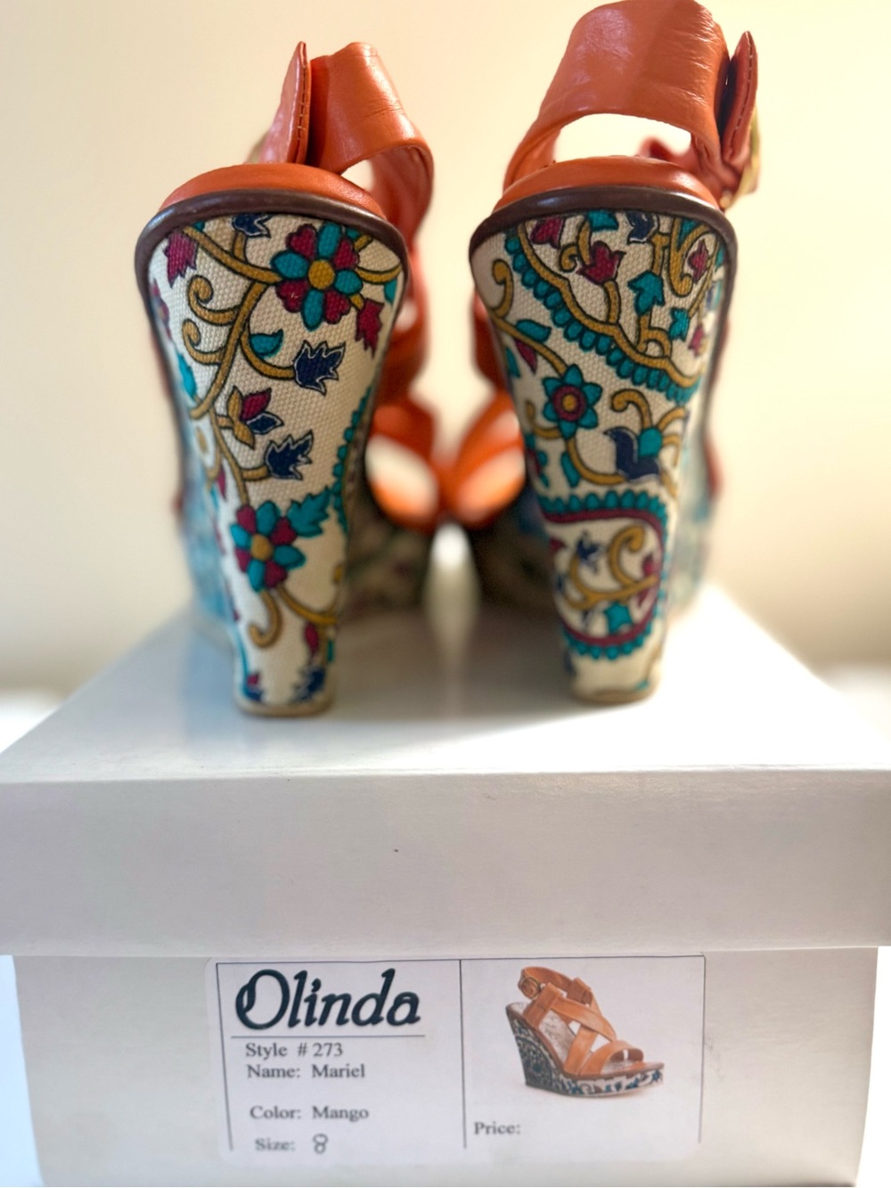 Orange Tapestry Patterned-Platform Wedge Sandals with Cross Straps- Size 8 - Picture 3 of 12